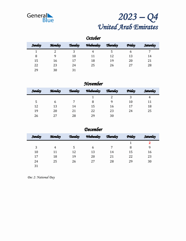 October, November, and December Calendar for United Arab Emirates with Sunday Start