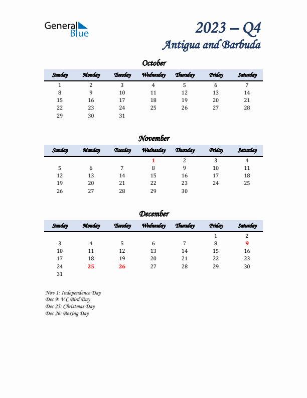 October, November, and December Calendar for Antigua and Barbuda with Sunday Start