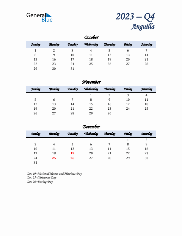 October, November, and December Calendar for Anguilla with Sunday Start