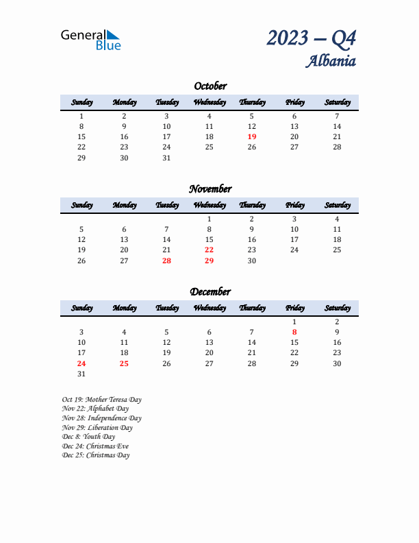 October, November, and December Calendar for Albania with Sunday Start