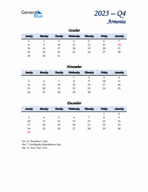 October, November, and December Calendar for Armenia with Sunday Start