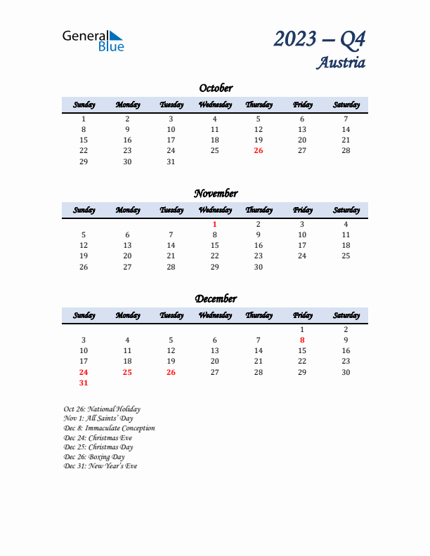 October, November, and December Calendar for Austria with Sunday Start