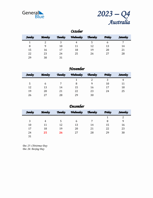 October, November, and December Calendar for Australia with Sunday Start