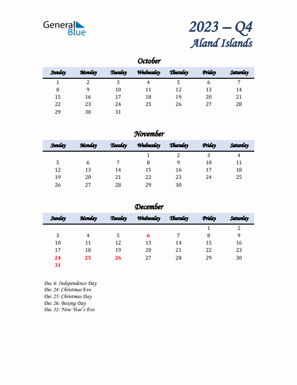 October, November, and December Calendar for Aland Islands with Sunday Start