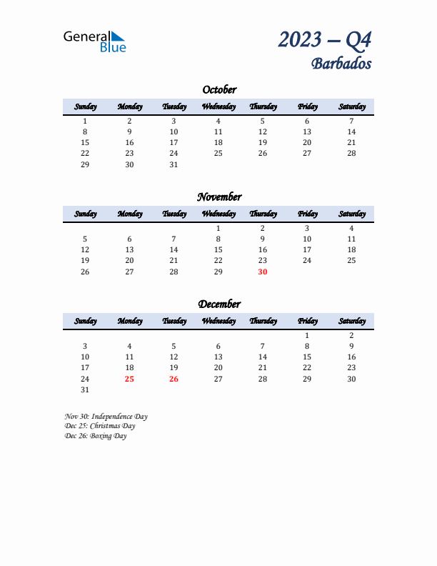 October, November, and December Calendar for Barbados with Sunday Start