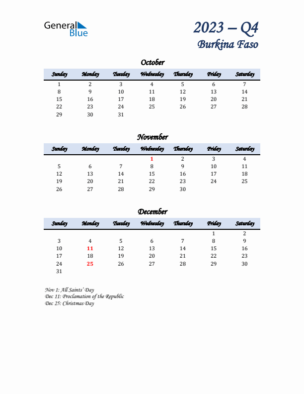 October, November, and December Calendar for Burkina Faso with Sunday Start