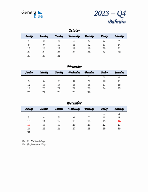 October, November, and December Calendar for Bahrain with Sunday Start