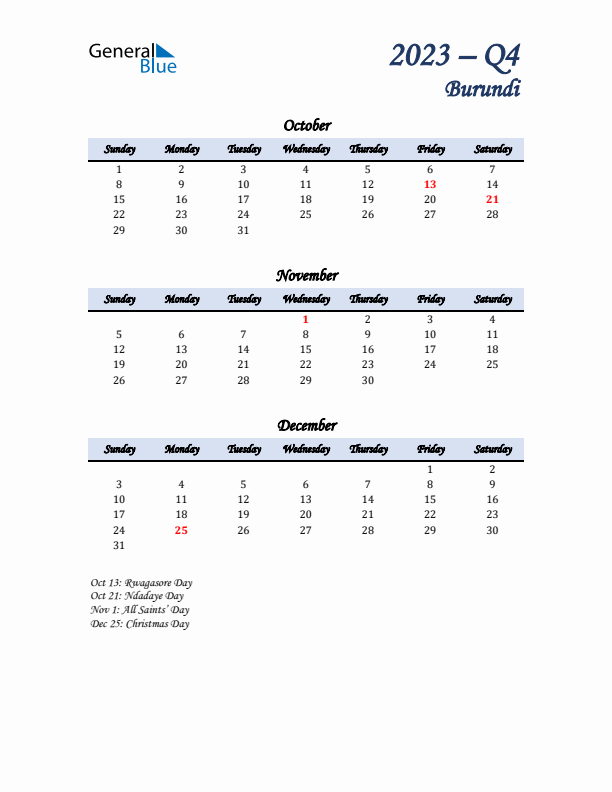 October, November, and December Calendar for Burundi with Sunday Start