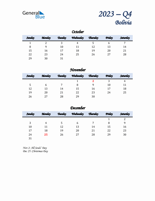 October, November, and December Calendar for Bolivia with Sunday Start