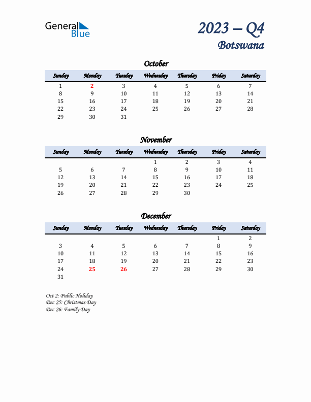 October, November, and December Calendar for Botswana with Sunday Start