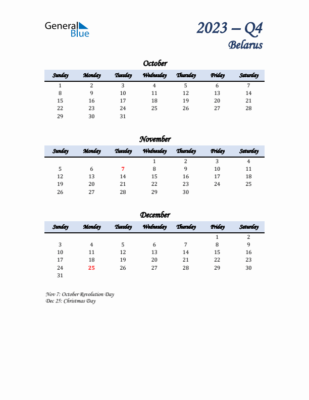 October, November, and December Calendar for Belarus with Sunday Start