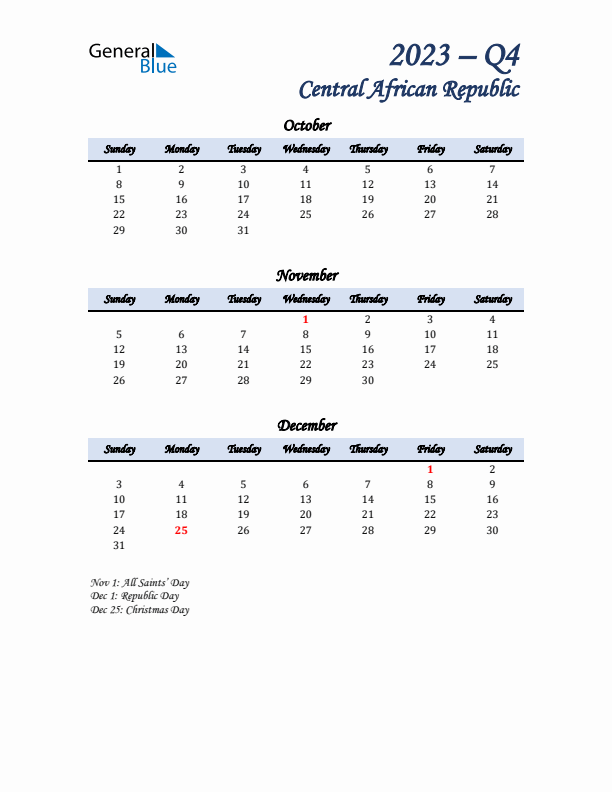 October, November, and December Calendar for Central African Republic with Sunday Start