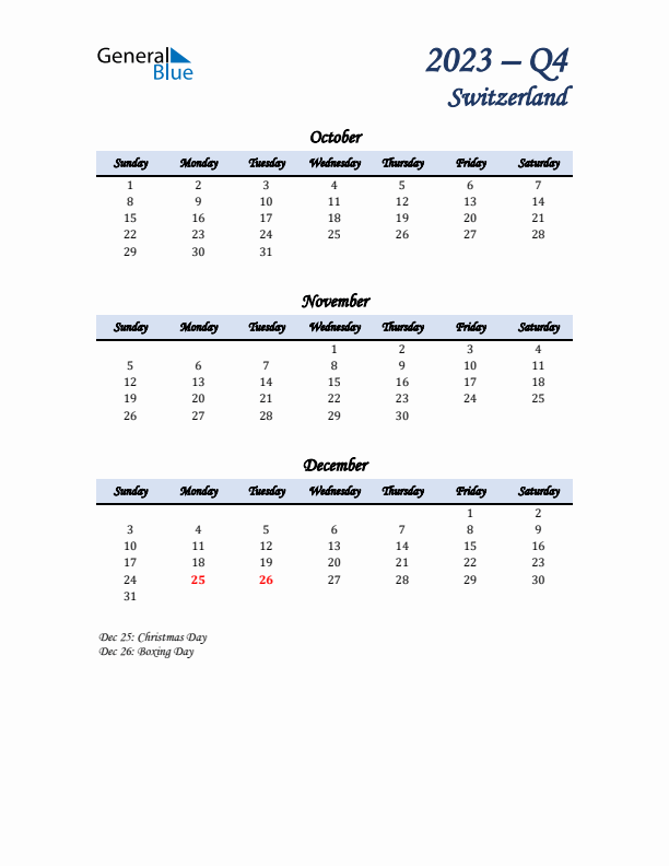 October, November, and December Calendar for Switzerland with Sunday Start