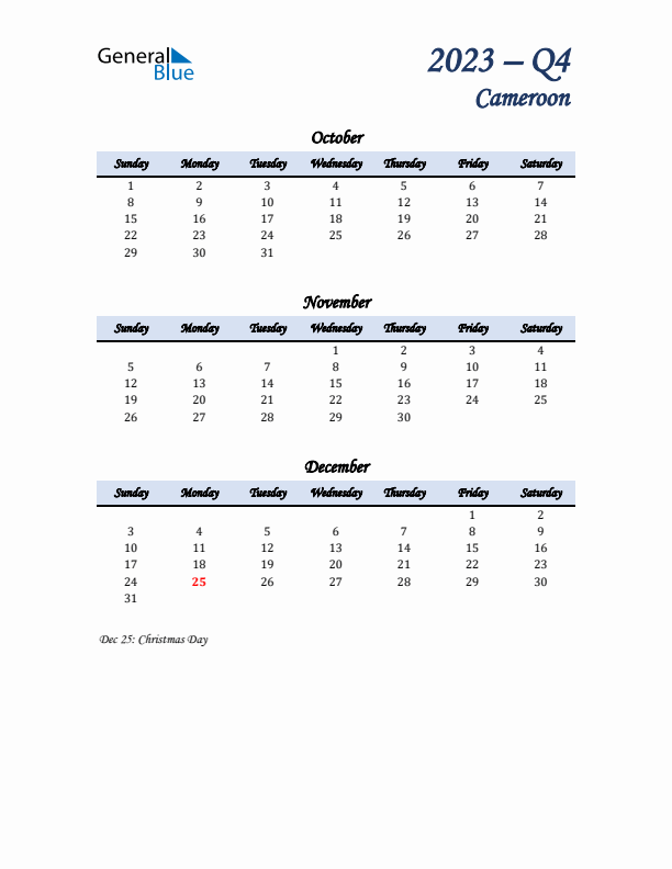 October, November, and December Calendar for Cameroon with Sunday Start