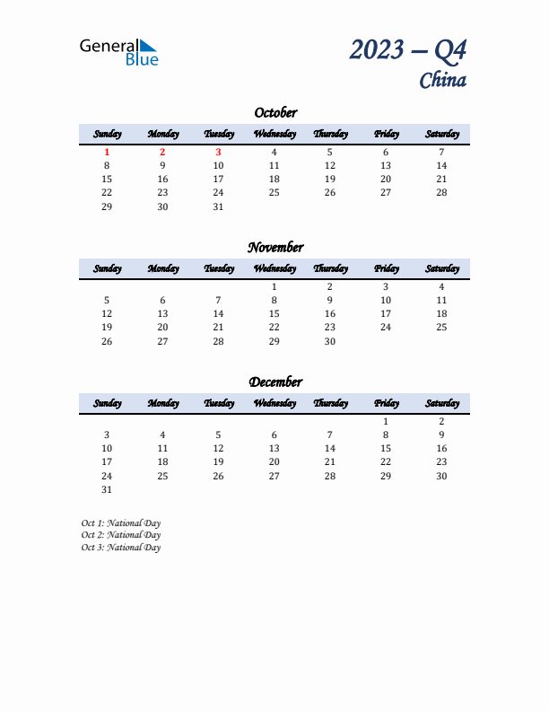 October, November, and December Calendar for China with Sunday Start