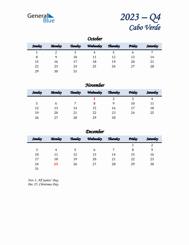 October, November, and December Calendar for Cabo Verde with Sunday Start