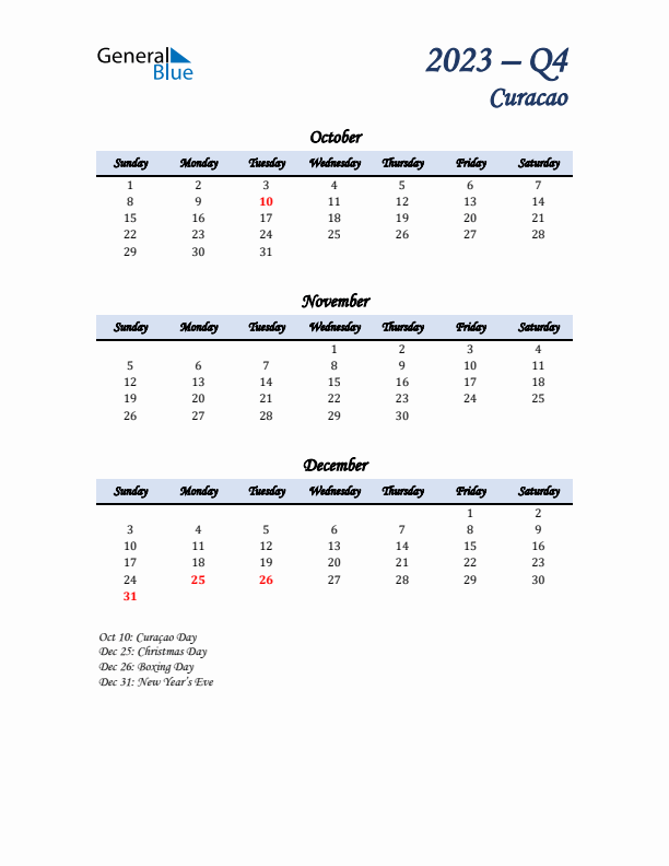 October, November, and December Calendar for Curacao with Sunday Start