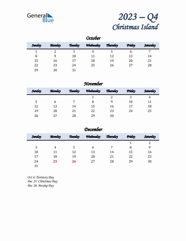 October, November, and December Calendar for Christmas Island with Sunday Start