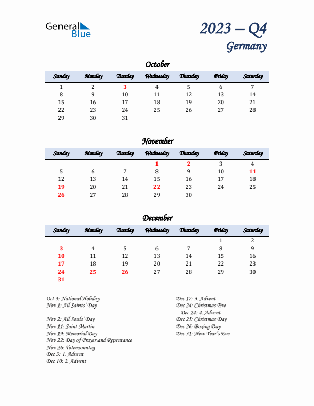 October, November, and December Calendar for Germany with Sunday Start