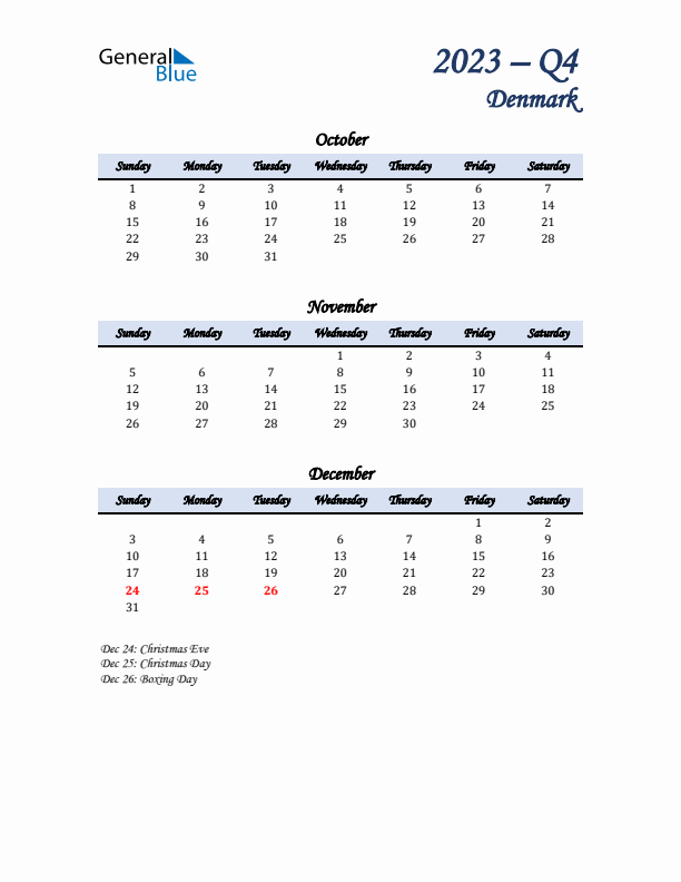 October, November, and December Calendar for Denmark with Sunday Start