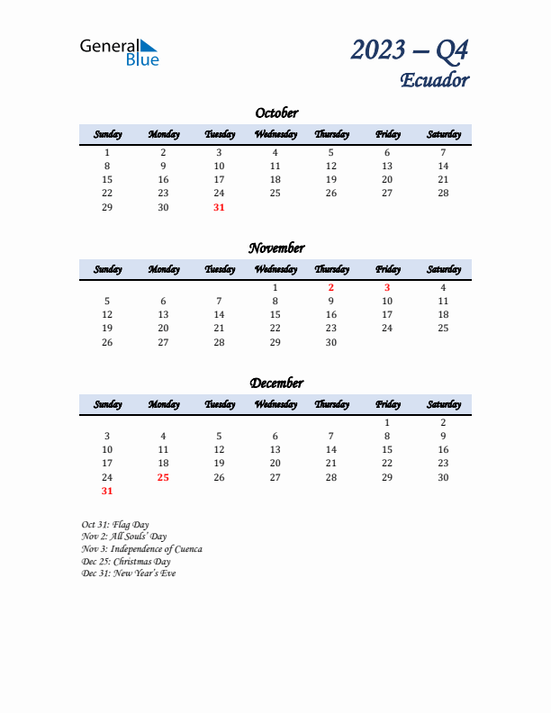 October, November, and December Calendar for Ecuador with Sunday Start