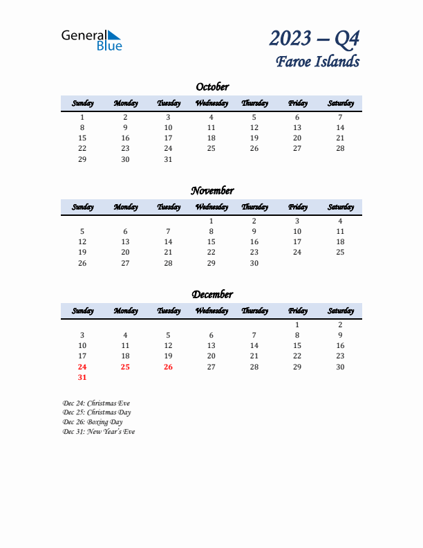 October, November, and December Calendar for Faroe Islands with Sunday Start