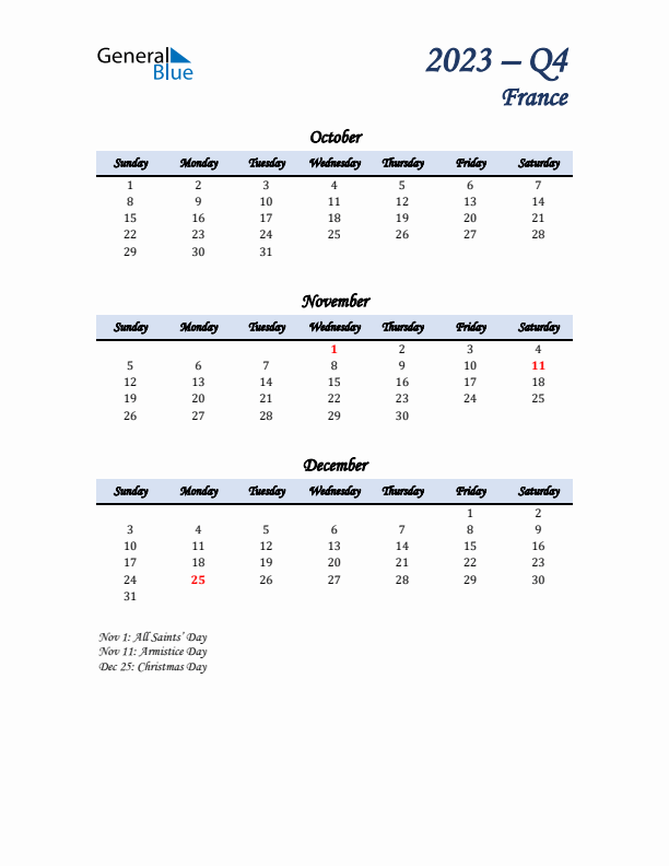 October, November, and December Calendar for France with Sunday Start