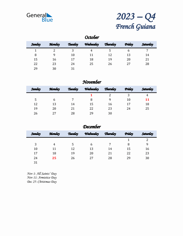 October, November, and December Calendar for French Guiana with Sunday Start