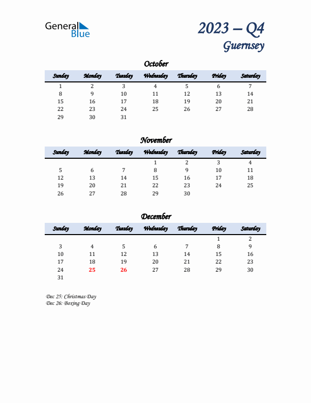 October, November, and December Calendar for Guernsey with Sunday Start