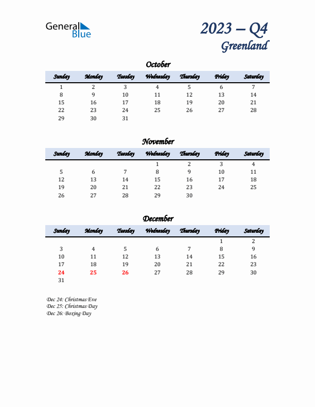 October, November, and December Calendar for Greenland with Sunday Start