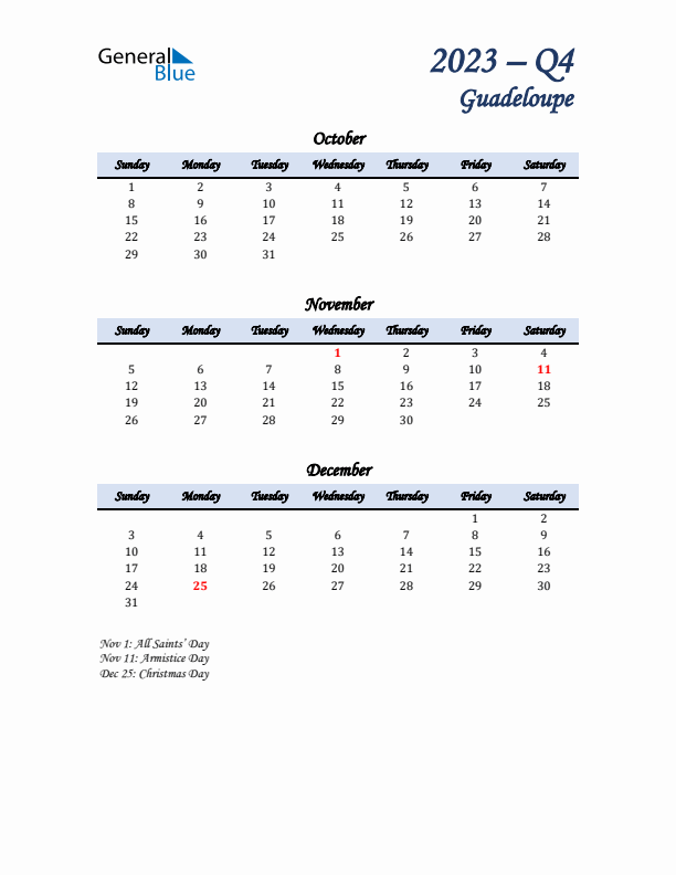 October, November, and December Calendar for Guadeloupe with Sunday Start