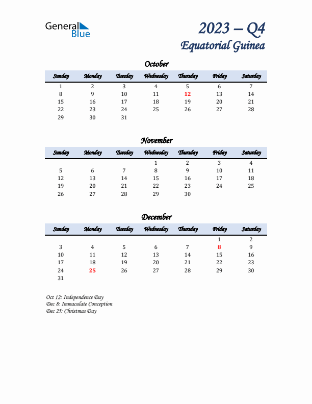 October, November, and December Calendar for Equatorial Guinea with Sunday Start