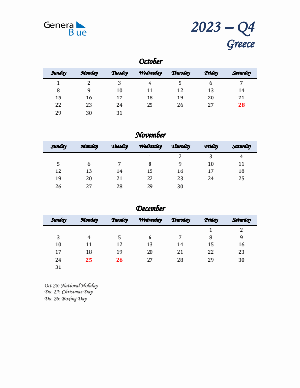 October, November, and December Calendar for Greece with Sunday Start