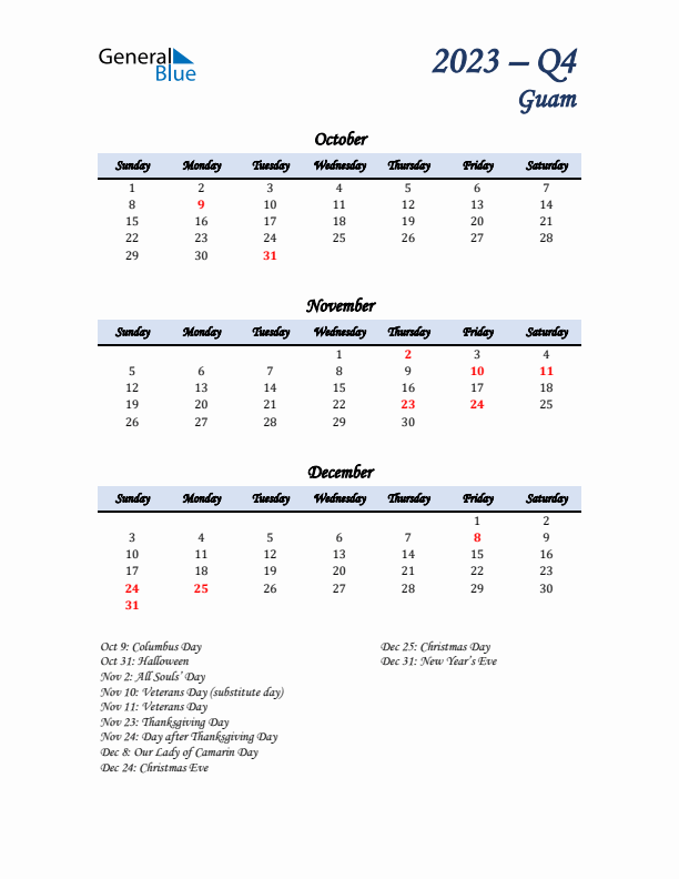 October, November, and December Calendar for Guam with Sunday Start