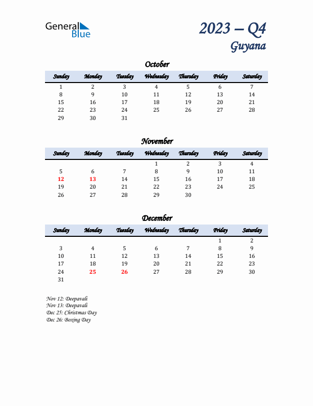 October, November, and December Calendar for Guyana with Sunday Start