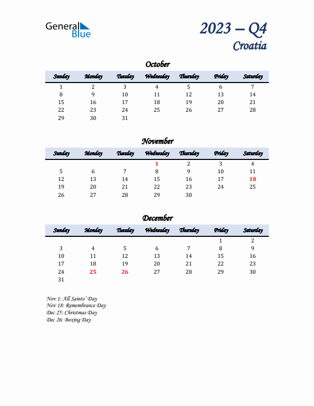 October, November, and December Calendar for Croatia with Sunday Start