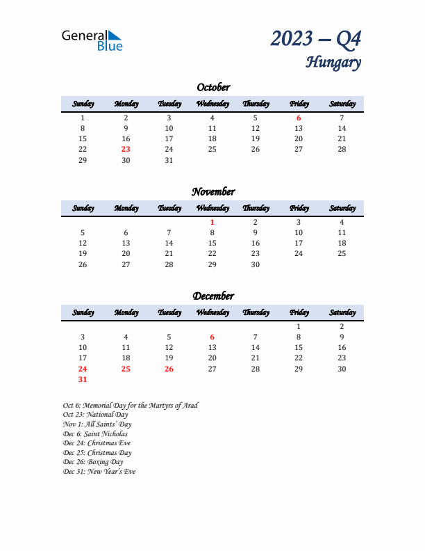 October, November, and December Calendar for Hungary with Sunday Start