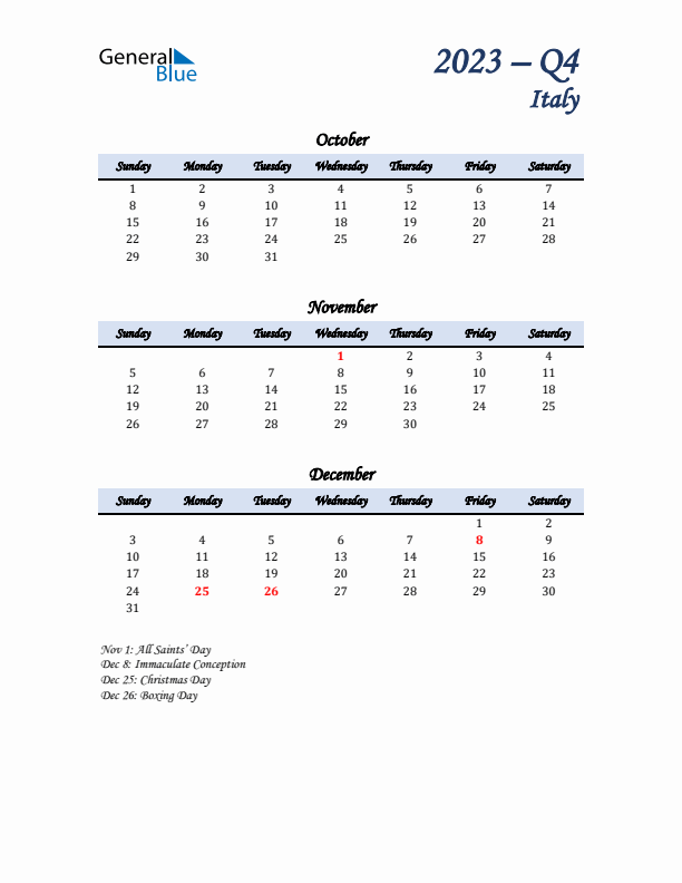 October, November, and December Calendar for Italy with Sunday Start