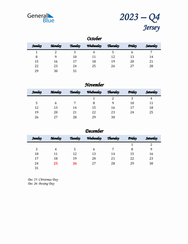 October, November, and December Calendar for Jersey with Sunday Start