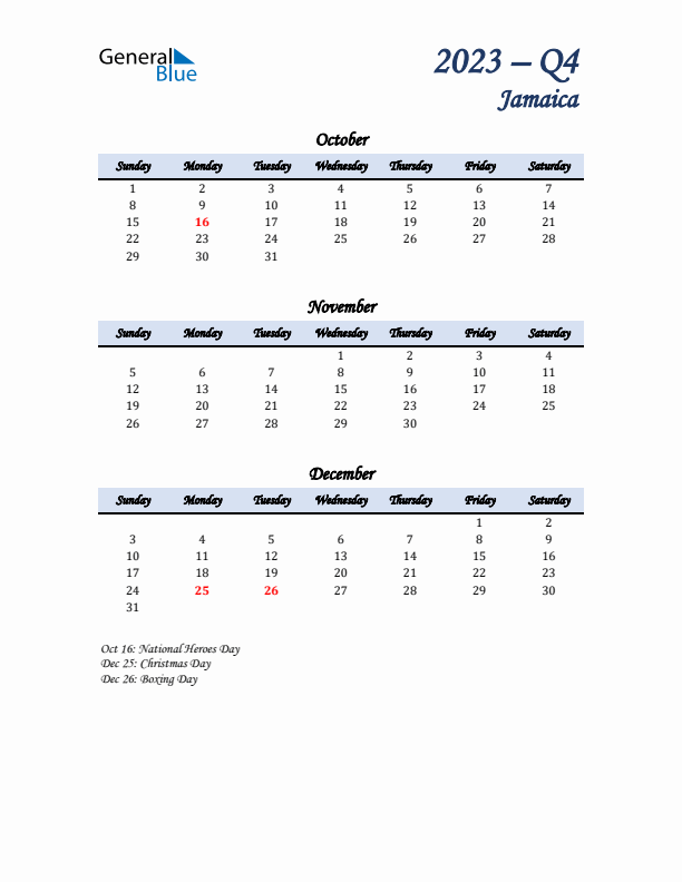 October, November, and December Calendar for Jamaica with Sunday Start