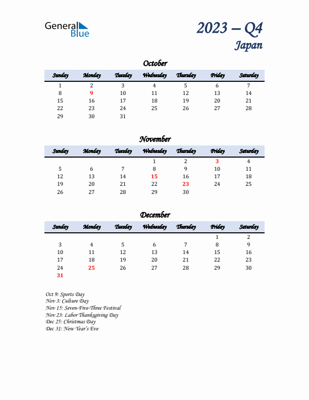 October, November, and December Calendar for Japan with Sunday Start