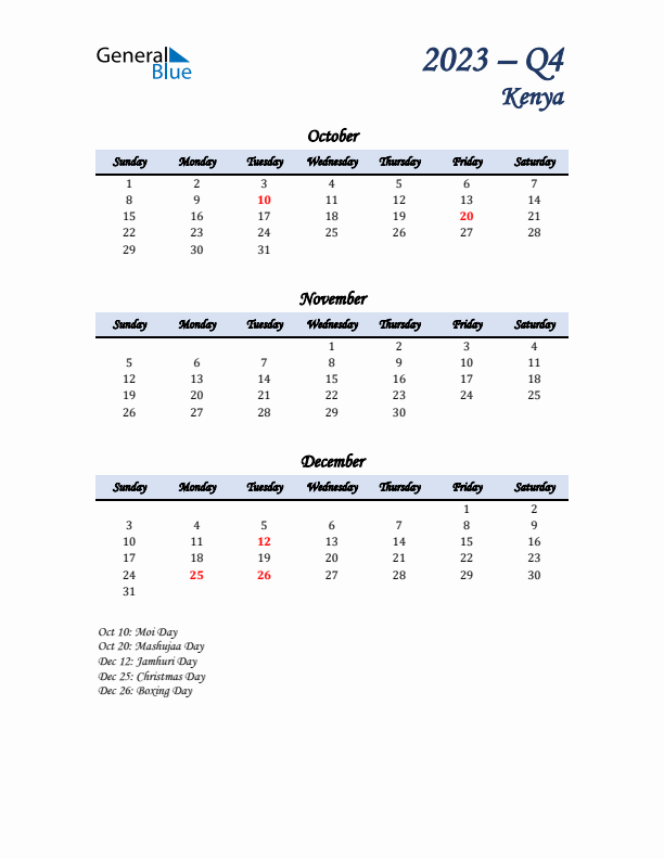 October, November, and December Calendar for Kenya with Sunday Start