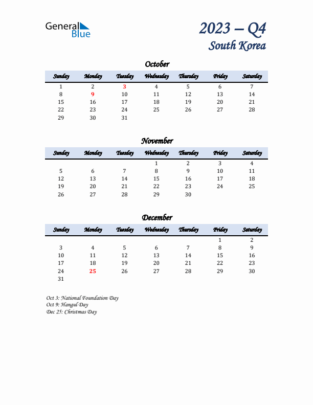 October, November, and December Calendar for South Korea with Sunday Start