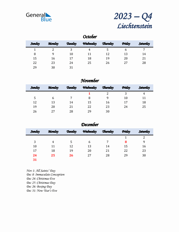 October, November, and December Calendar for Liechtenstein with Sunday Start