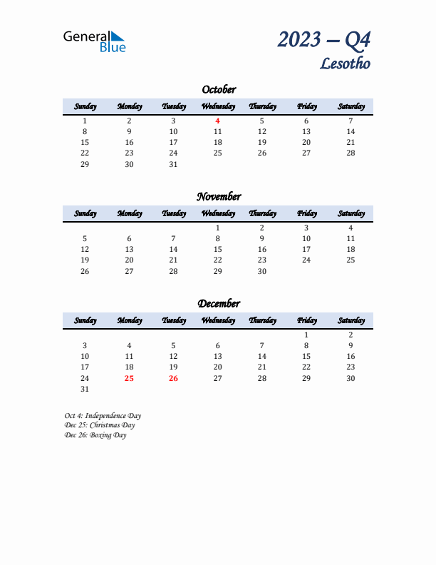 October, November, and December Calendar for Lesotho with Sunday Start