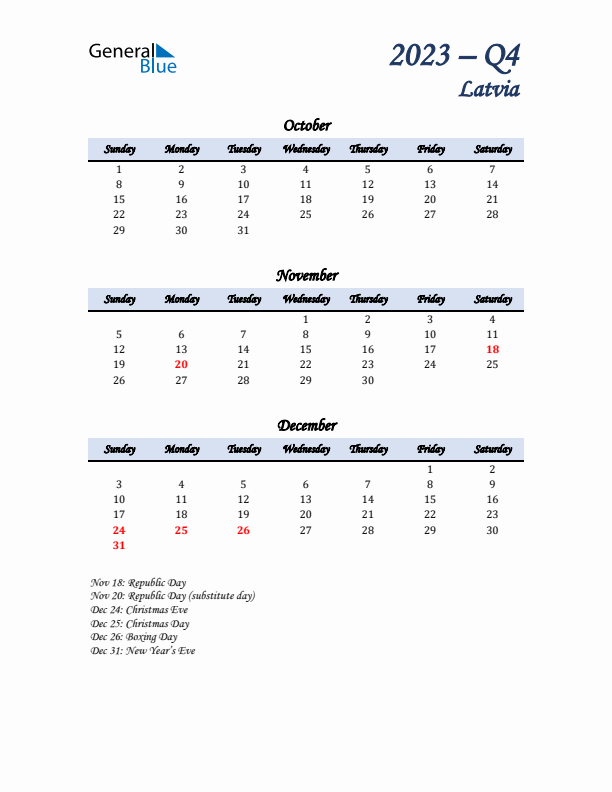 October, November, and December Calendar for Latvia with Sunday Start