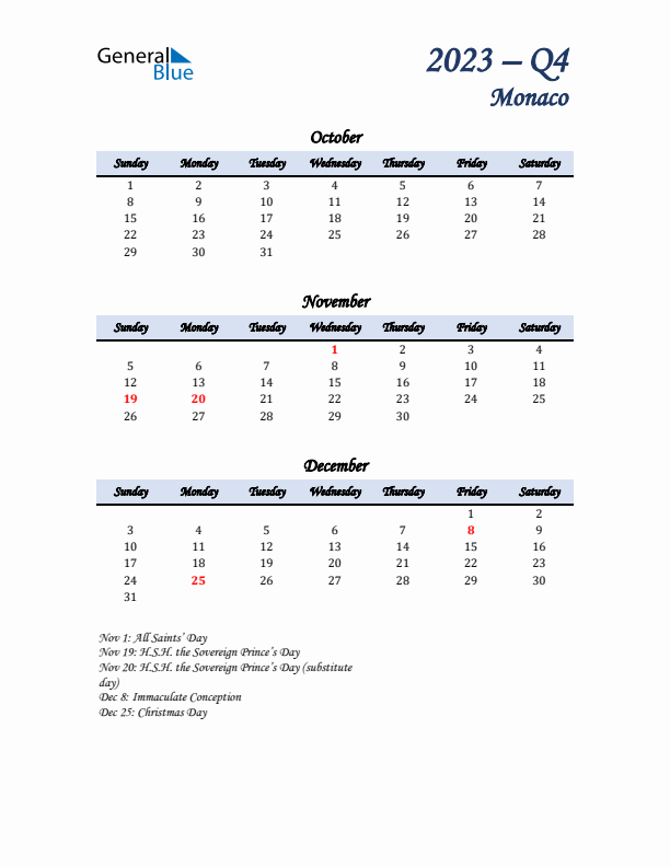 October, November, and December Calendar for Monaco with Sunday Start