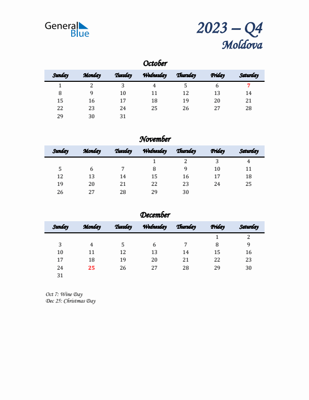 October, November, and December Calendar for Moldova with Sunday Start