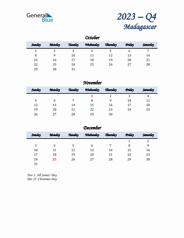 October, November, and December Calendar for Madagascar with Sunday Start