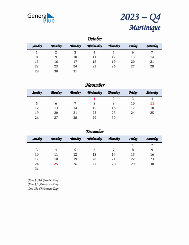 October, November, and December Calendar for Martinique with Sunday Start